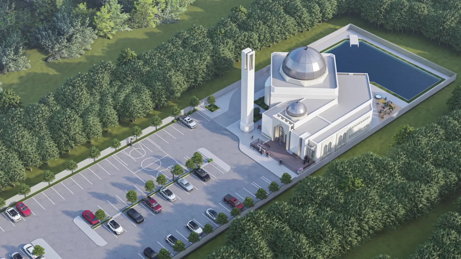 Aerial rendering of the new masjid grounds