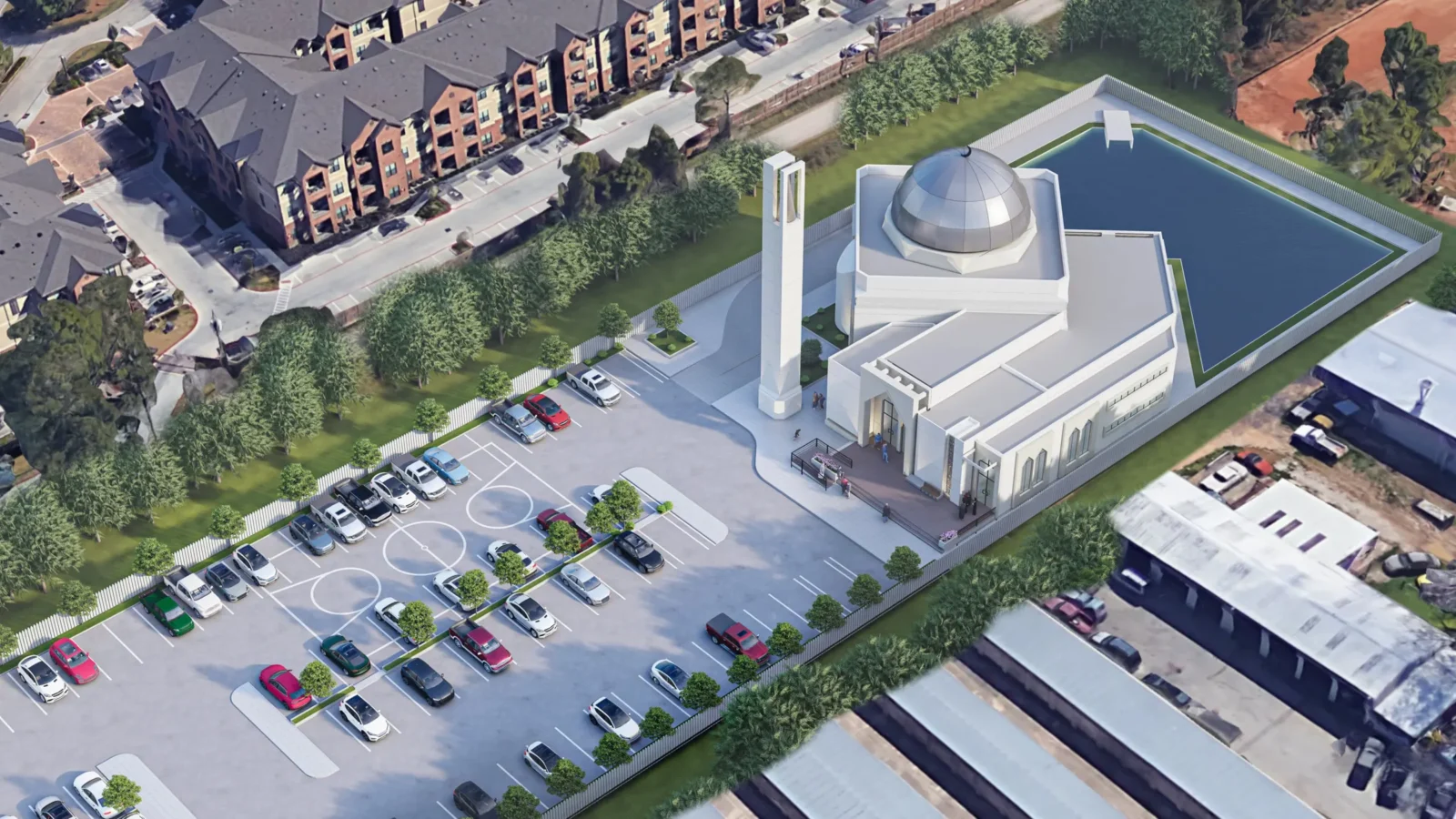 Aerial rendering of the new masjid with its dome and minaret