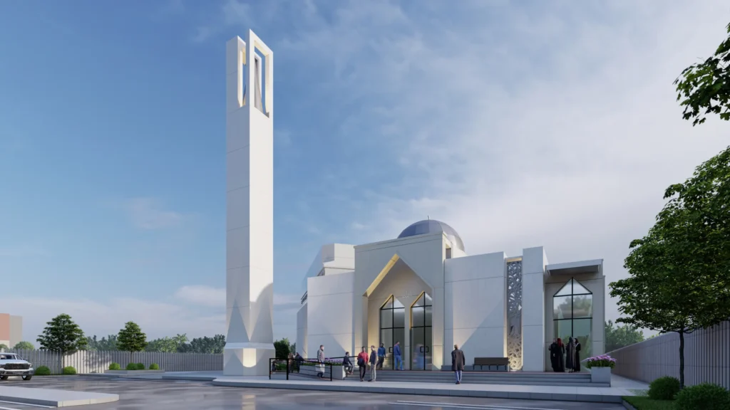 Rendering of the new masjid front entrance in daylight