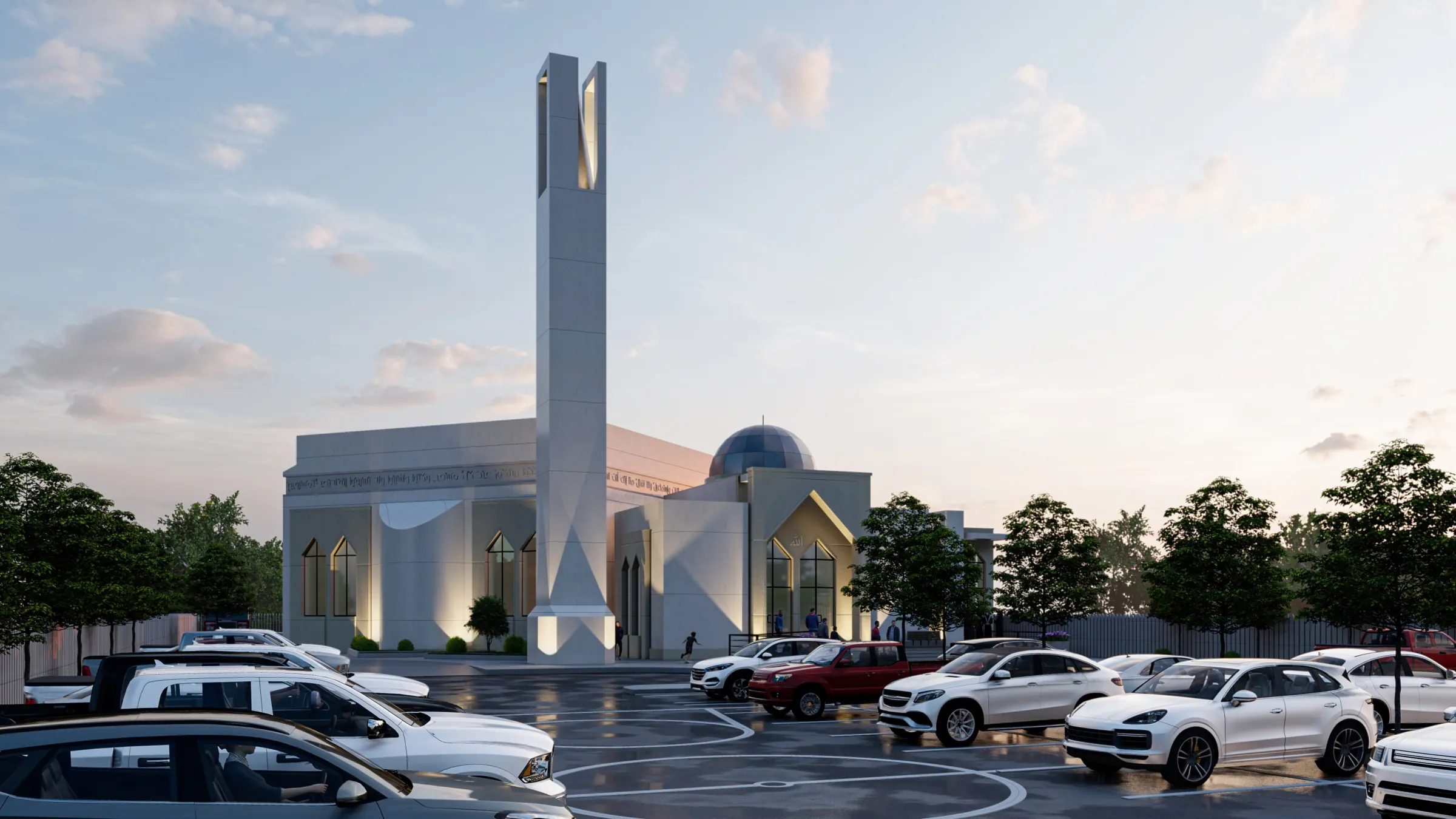Rendering of the new Masjid Abu-Huraira at dusk