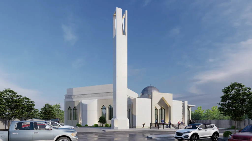 Wide rendering of the masjid and parking